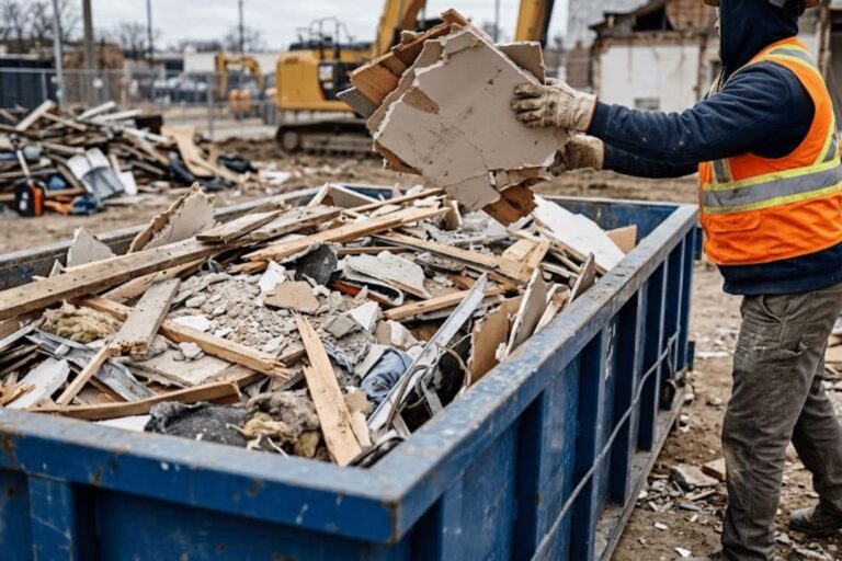 construction debris and waste loaded into dumpster during emergency cleanup project