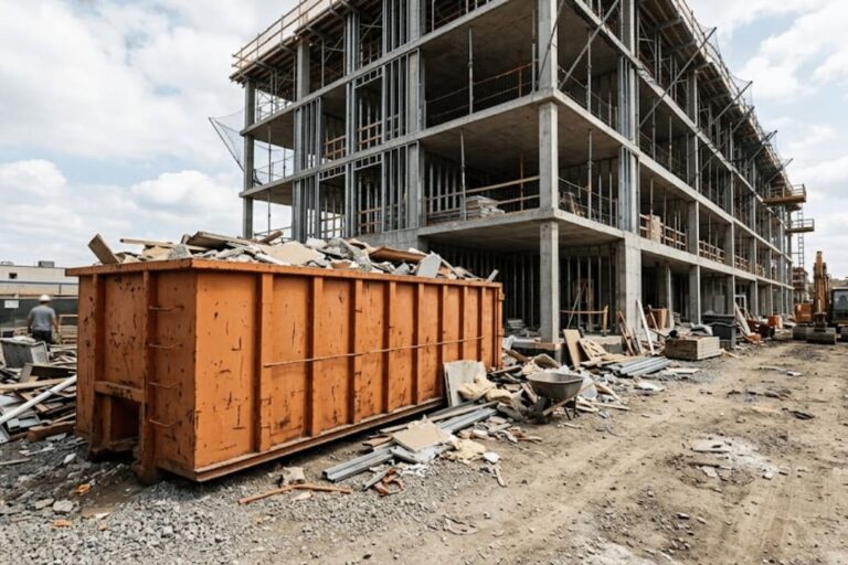contractor loading construction debris into large dumpster rental container
