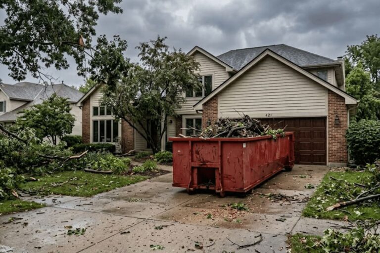 emergency dumpster delivery on residential property during storm debris cleanup